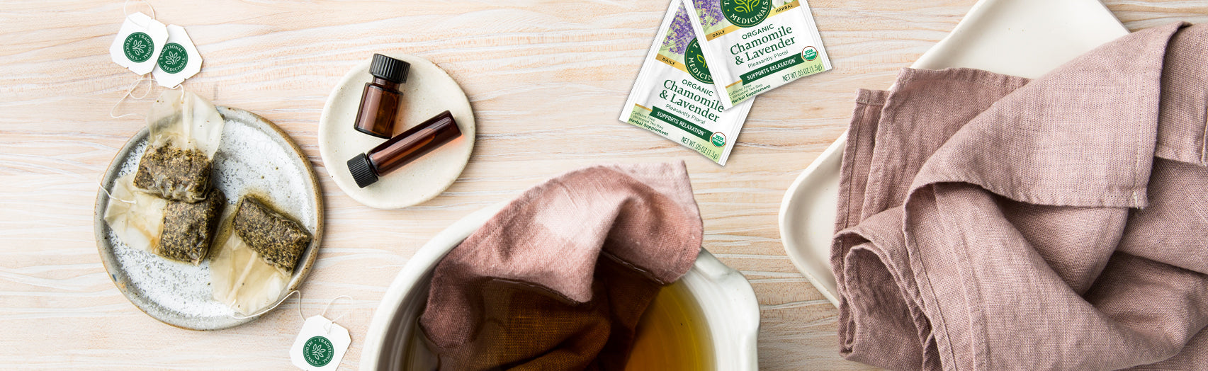 Chamomile with Lavender tea bags next to cold compress