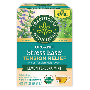 Box of Stress Ease® Tension Relief Tea with floral graphics, crafted for effective tension relief featuring soothing skullcap.