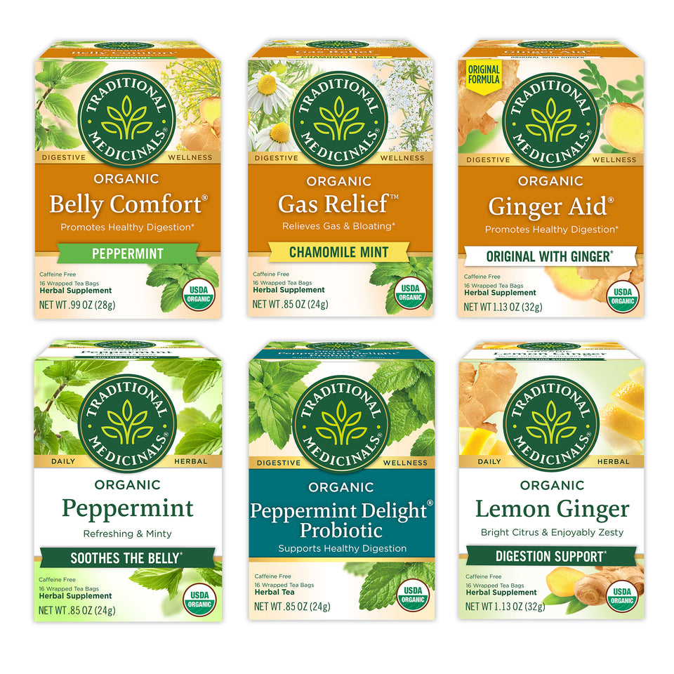 Belly Comfort Peppermint, Gas Relief Chamomile Mint, Ginder Aid Original With Ginger, Peppermint, Peppermint Delight Probiotic, and Lemon Ginger packages