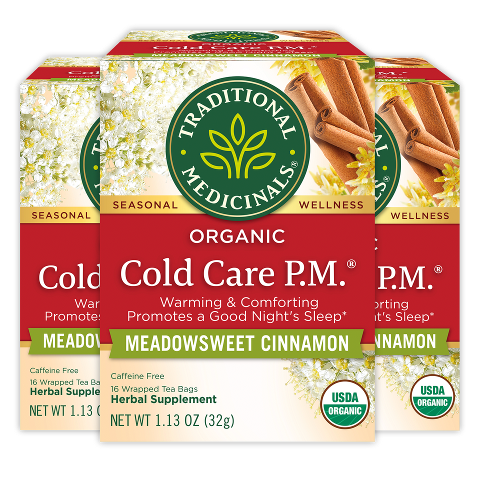 Three boxes of Herbal Cold Care™ Tea by Traditional Medicinals, showcasing the comforting meadowsweet cinnamon flavor.