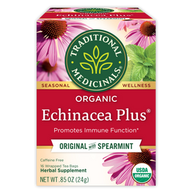 Traditional Medicinals logo. Seasonal. Wellness. Organic Echinacea Plus. Promotes Immune Function. Original with Spearmint. Caffeine Free. 16 Wrapped Tea Bags. Herbal Supplement. NET WT .85 OZ (24g). USDA ORGANIC logo