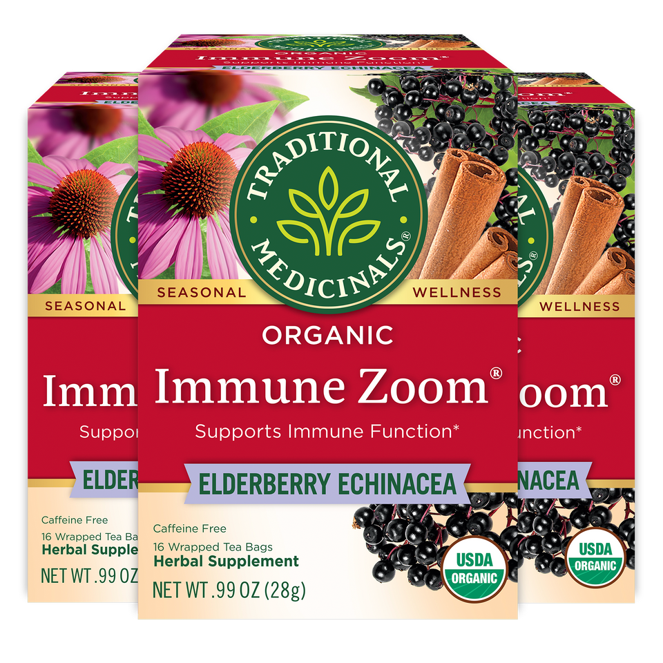 Three boxes of Immune Zoom® Elderberry Echinacea Tea provide an ideal blend for immune support, featuring elderberry and echinacea supplements.