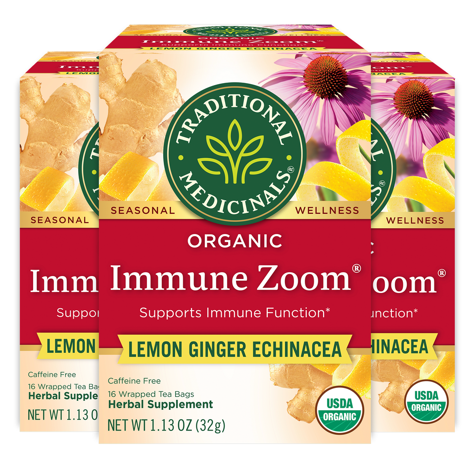 Three boxes of Immune Zoom® Lemon Ginger Echinacea Tea, featuring a zesty blend designed to support your immune system.