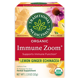 Traditional Medicinals logo. Seasonal. Wellness. Organic Immune Zoom. Supports Immune Function. Lemon Ginger Echinacea. Caffeine Free. 16 Wrapper Tea Bags. Herbal Supplement. NET WT 1.13 OZ (32g). USDA ORGANIC logo