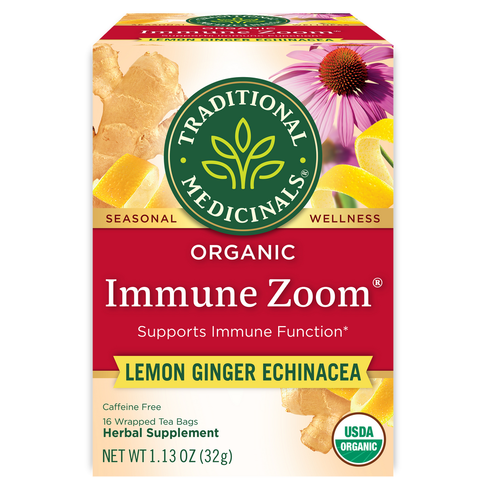 Traditional Medicinals logo. Seasonal. Wellness. Organic Immune Zoom. Supports Immune Function. Lemon Ginger Echinacea. Caffeine Free. 16 Wrapper Tea Bags. Herbal Supplement. NET WT 1.13 OZ (32g). USDA ORGANIC logo