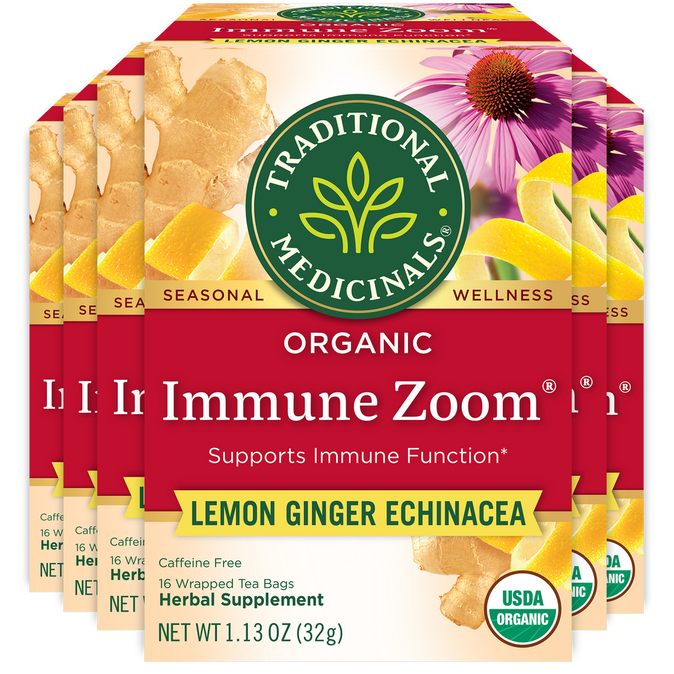 Boxes of Immune Zoom® Lemon Ginger Echinacea Tea from Traditional Medicinals offer a revitalizing blend, featuring the infusion of Echinacea.