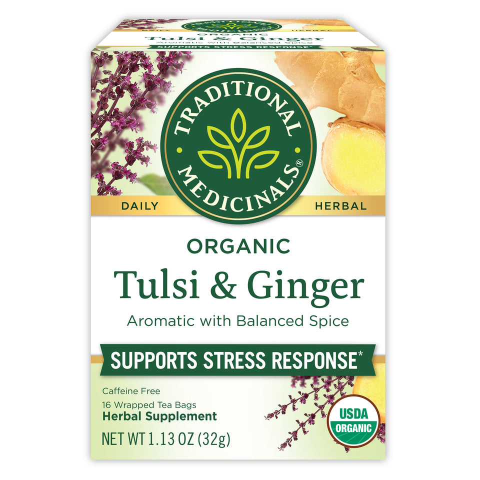 Discover the calming blend of Tulsi & Ginger Tea by Traditional Medicinals, designed to offer gentle stress relief. Savor the delightful mix of ginger's warmth with refreshing tulsi, an ideal choice for a soothing day.