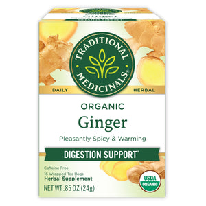 Traditional Medicinals logo. Daily. Herbal. Organic Ginger. Pleasantly Spicy & Warming. Digestion Support. Caffeine Free. 16 Wrapper Tea Bags. Herbal Supplement. NET WT .85 OZ (24g). USDA ORGANIC logo