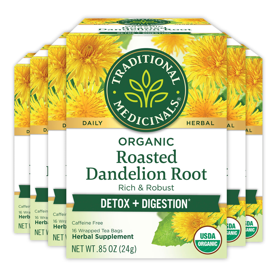 Packs of Roasted Dandelion Root Tea from Traditional Medicinals, ideal for liver support and enhancing healthy digestion.