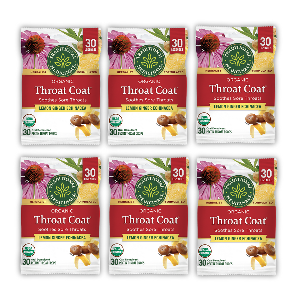 Six packages of Throat Coat® Lemon Ginger Echinacea Lozenges, 30-count each, provide soothing sore throat support with their lemon ginger echinacea flavor. The packaging is decorated with images of honey and echinacea.