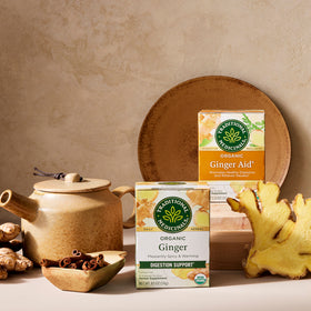 Boxes of organic Ginger Aid® Tea accompanied by a teapot, ginger root, and cinnamon sticks on a wooden table, ideal for promoting healthy digestion.