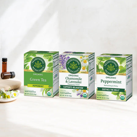 Three boxes of organic tea: Green Tea Peppermint, Chamomile & Lavender, and Peppermint, ideal for easing digestive discomfort, displayed on a light wooden surface.