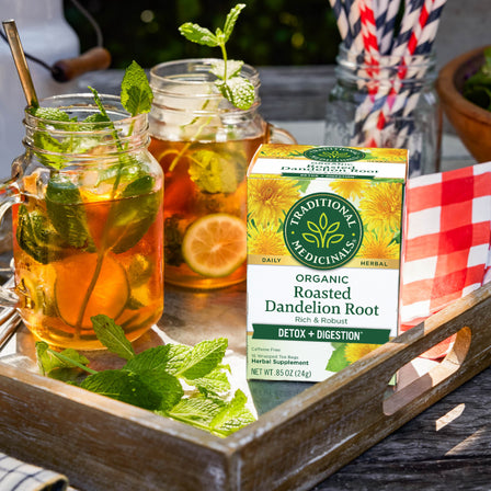 A tray featuring mason jars filled with iced tea, a box of Roasted Dandelion Root Tea, and fresh mint leaves offers a refreshing boost for healthy digestion.