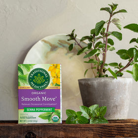 A box of Smooth Move® Peppermint Tea is placed beside a potted plant and fresh leaves on a wooden surface, providing a natural remedy for occasional constipation.