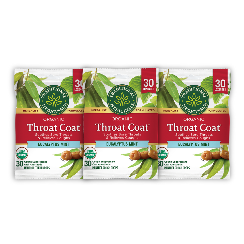 Three packs of Throat Coat® Eucalyptus Mint Lozenges, 30ct, infused with menthol for soothing relief of sore throats.