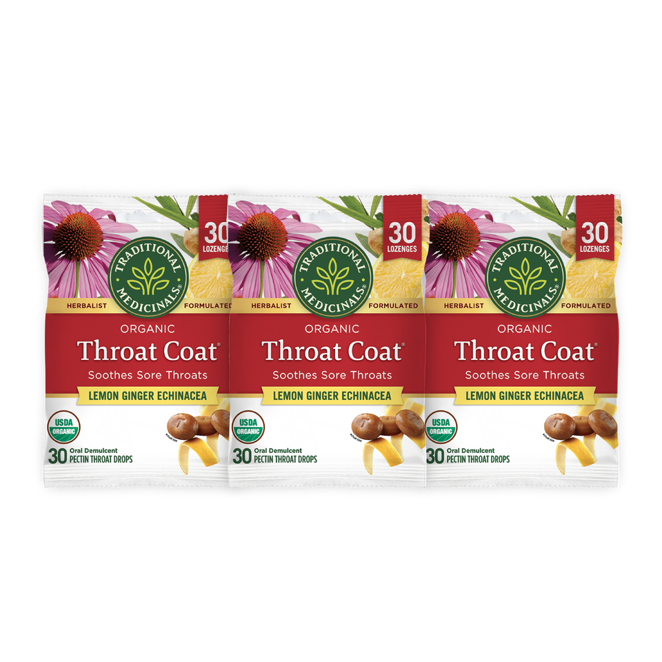 Throat Coat® Lemon Ginger Echinacea Lozenges, 30ct provide sore throat support with 30 organic pectin throat drops, crafted with an herbalist's expertise and enhanced by organic ginger extract.