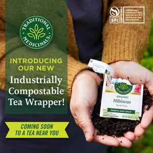 Traditional Medicinals logo. BPI COMPOSTABLE logo. Commerciall compostable only. Facilities may not exist in your area. CERT #10529367. Introducing our new industrially compostable tea wrapper! Coming soon to a tea near you.