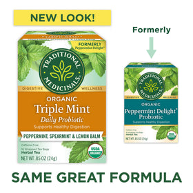 Triple Mint Daily Probiotic Tea- New Look VS former look.- Same Great Formula