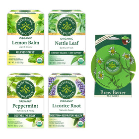 Lemon Balm Relieves stress, Nettle Leaf everyday wellness + Joint support, Peppermint soothes the belly, Licorice Root Digestion + Respiratory Health, and a Brew Better Tea Buddy.