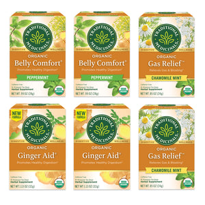 Belly Comfort Peppermint, Gas Relief Chamomile Mint, and Ginger Aid packages