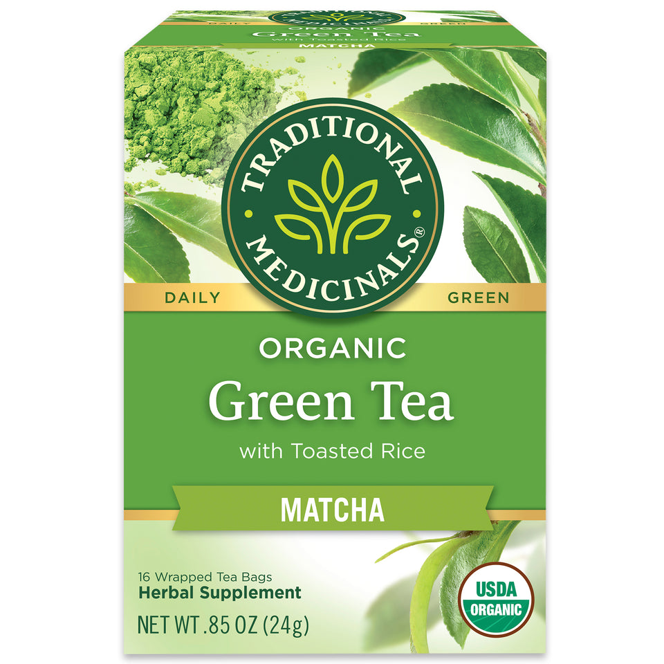 Traditional Medicinals logo. Daily. Green. Organic Green Tea with Toasted Rice. Matcha. 16 Wrapped Tea bags. Herbal Supplement. NET WT .85 OZ (24g) USDA ORGANIC logo