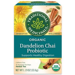 Traditional Medicinals logo. Digestive. Wellness. Organic Dandelion Chai Probiotic. Supports Healthy Digestion. Caffeine Free. 16 Wrapper Tea Bags. Herbal Tea. NET WT 1.19 OZ (33.6g). USDA ORGANIC logo