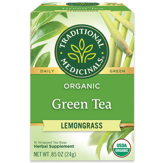 Traditional Medicinals logo. Daily. Green. Organic Green Tea. Lemongrass. 16 Wrapped Tea Bags. Herbal Supplement. NET WT .85OZ (24g). USDA ORGANIC logo