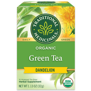 Traditional Medicinals logo. Daily. Green. Organic Green tea Dandelion. 16 Wrapped Tea Bags. Herbal Supplement. NET WT 1.13 OZ (32g) USDA ORGANIC logo