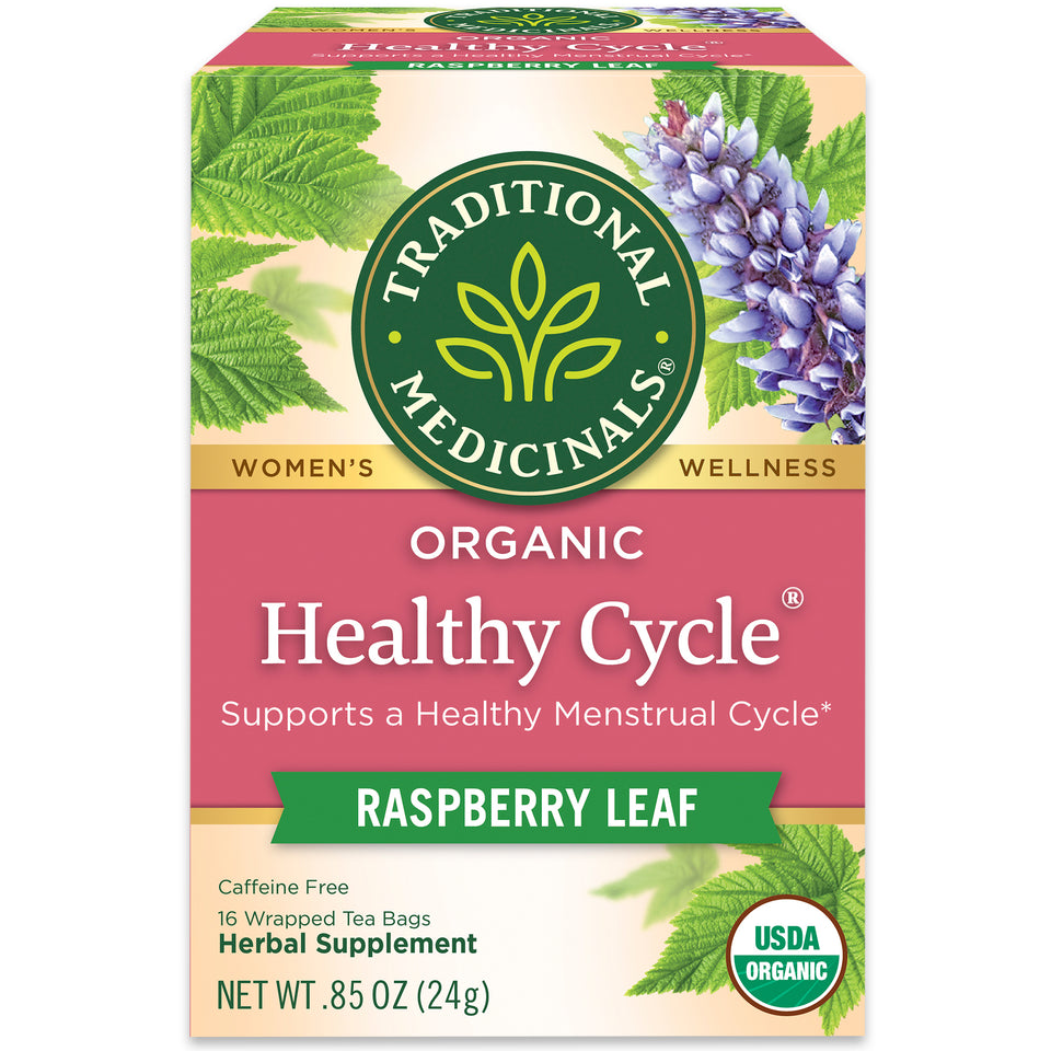 Traditional Medicinals logo. Women's. Wellness. Organic Healthy Cycle. Supports a Healthy Menstrual Cycle. Raspberry Leaf. Caffeine Free 16 Wrapped Tea Bags. Herbal Supplement. NET WT .85 OZ (24g). USDA ORGANIC logo