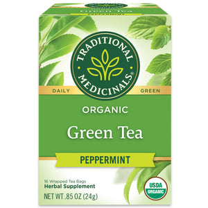 Traditional Medicinals logo. Daily. Green. Organic Green Tea Peppermint. 16 Wrapped Tea Bags. Herbal Supplement. NET WT .85 OZ (24g). USDA ORGANIC logo